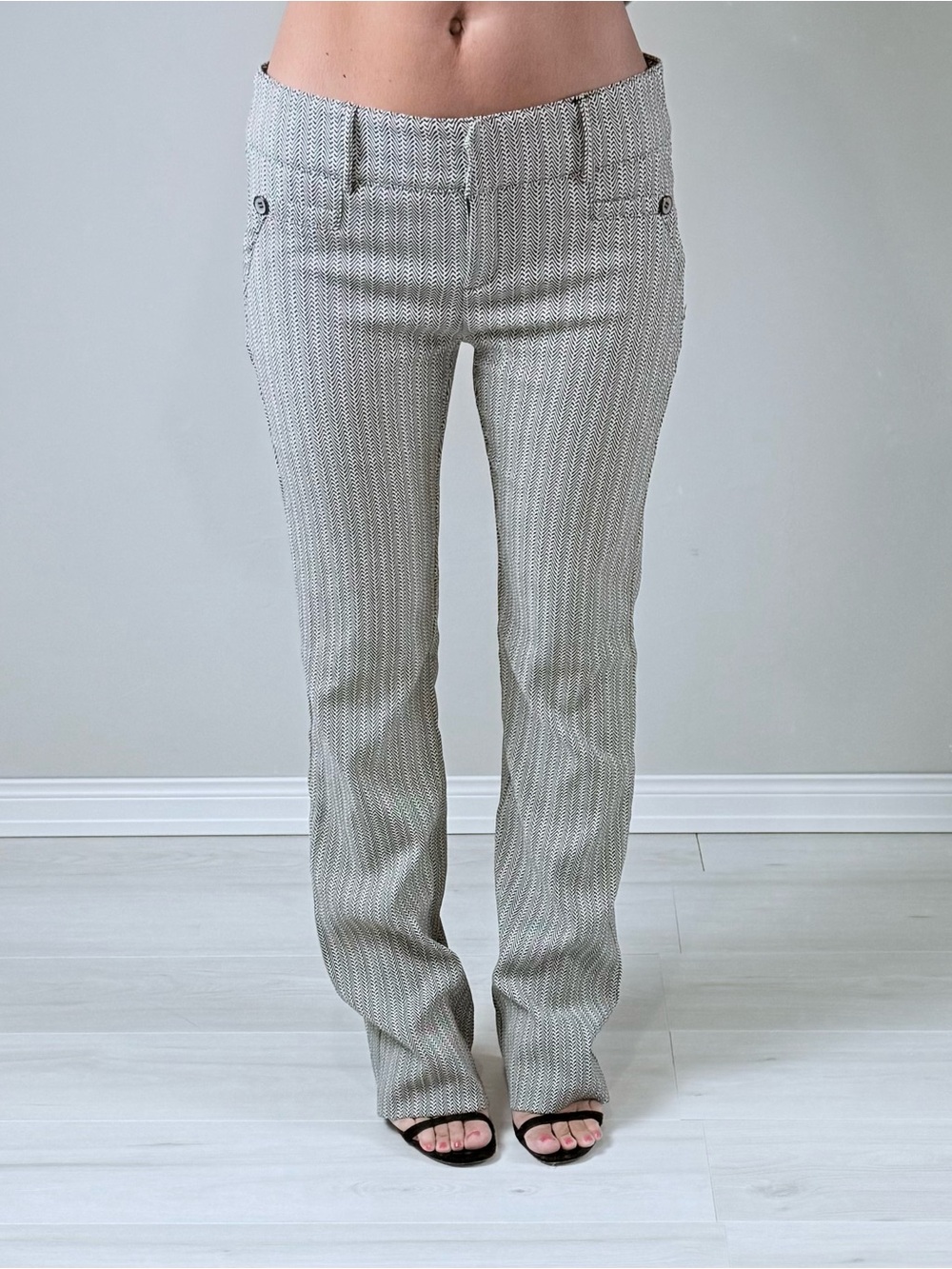 Y2K Joe Benbasset Women's low rise Boot Cut trouser in black white herringbone